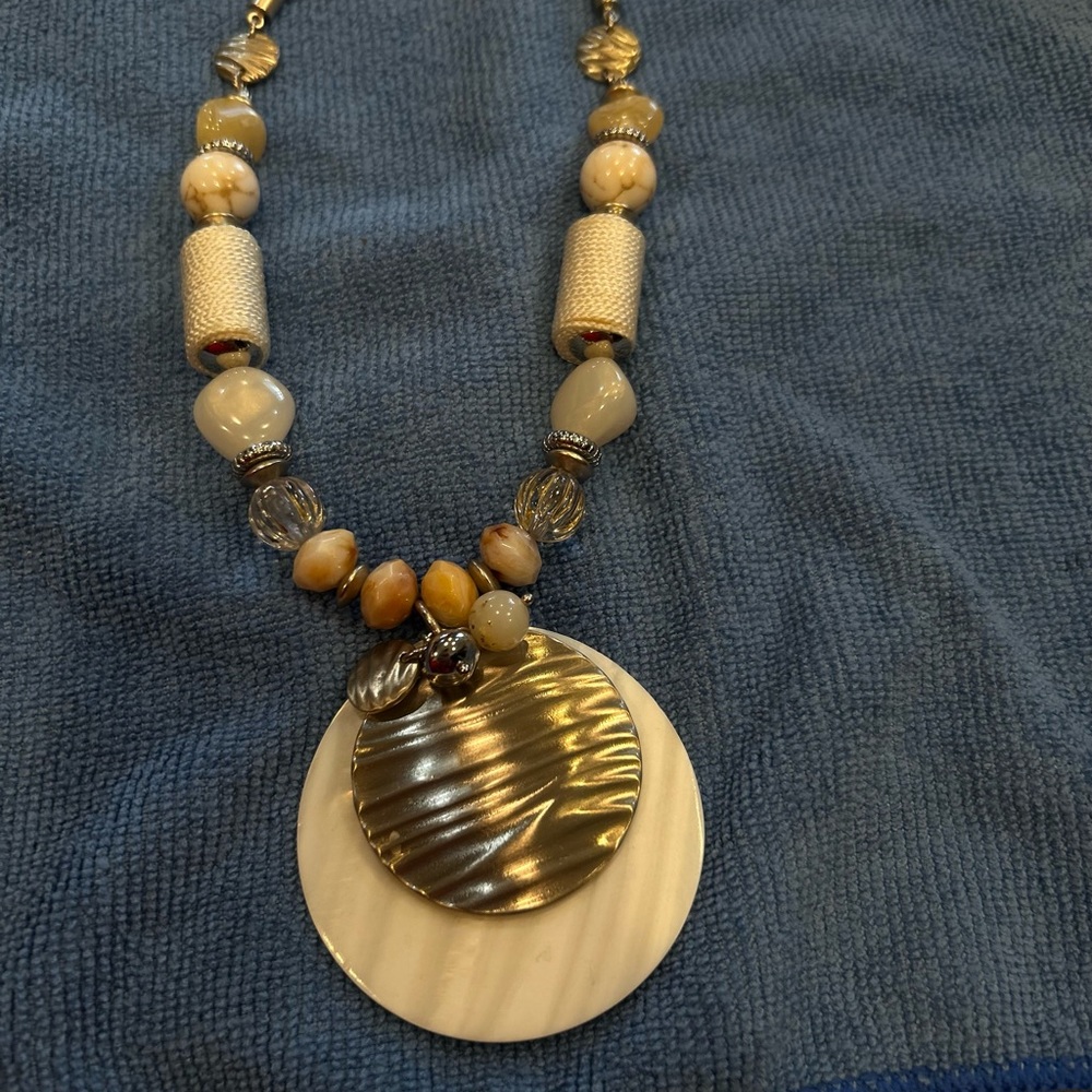 Ladies medallion necklace, silver and cream beaded handmade